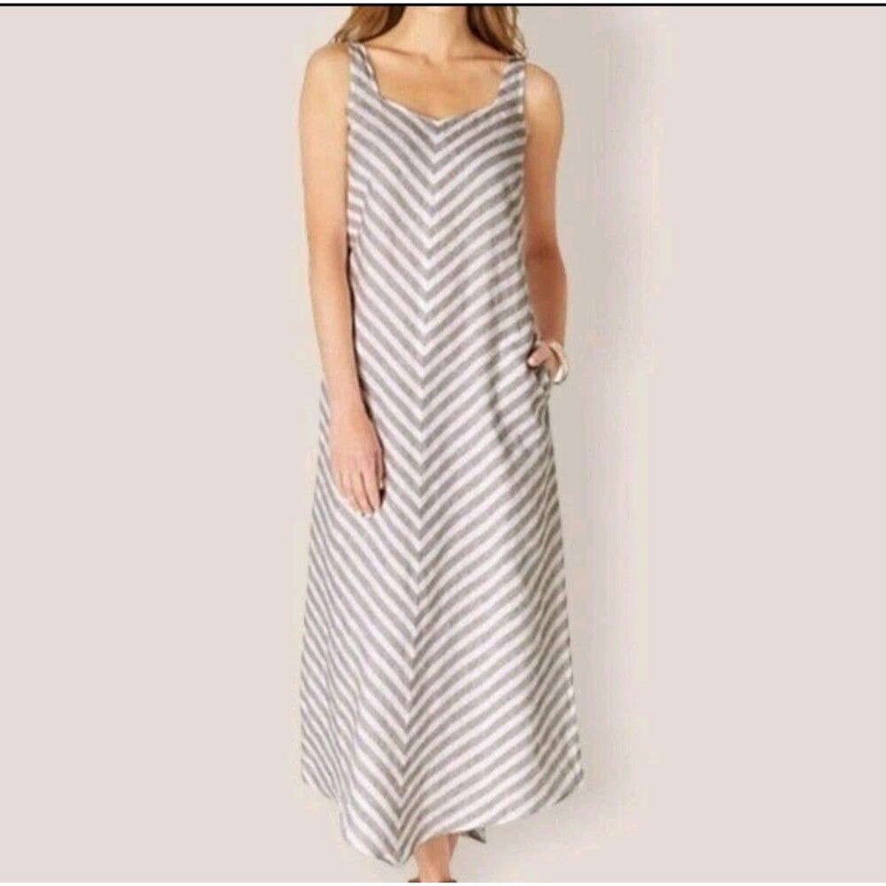 J. Jill LOVE LINEN Tan White Striped Sleeveless Tank Maxi Dress XL Coastal